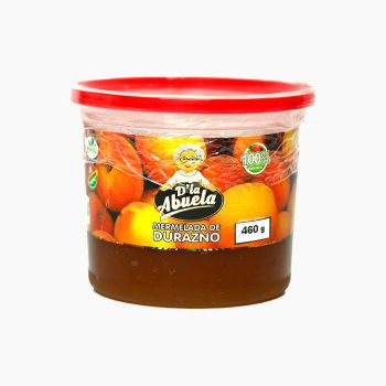 Mermelada de durazno D’La Abuela 460cc, rica en vitaminas y minerales, ideal para desayunos saludables.